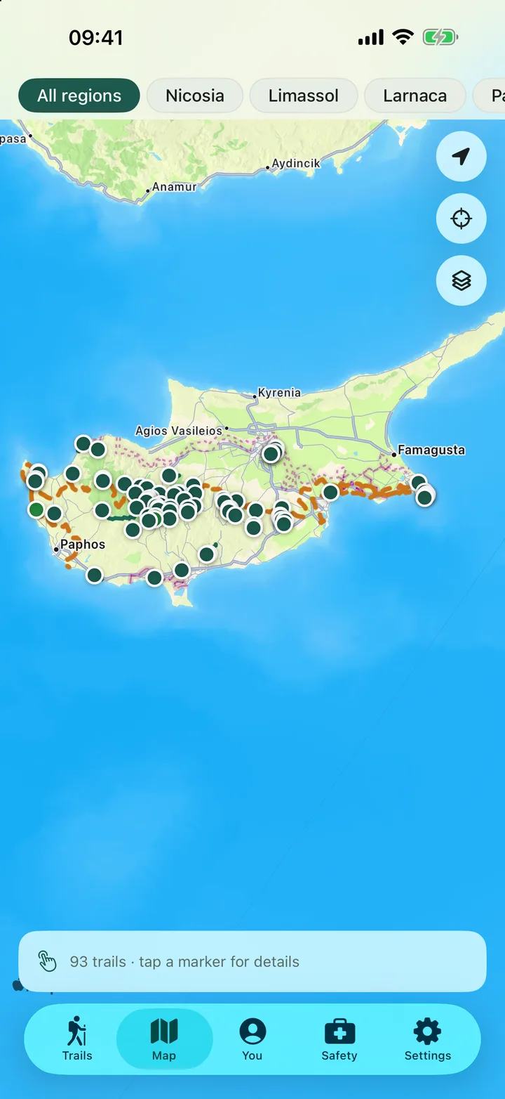 All 93 trails on one map of Cyprus