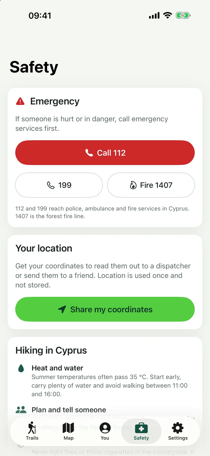 The Safety screen with emergency numbers and position sharing